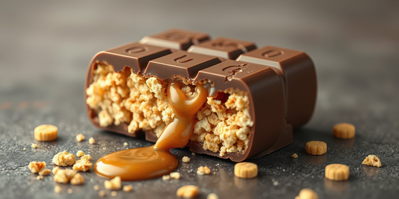 Chocolate bar with caramel and crunchy filling displayed on a dark surface